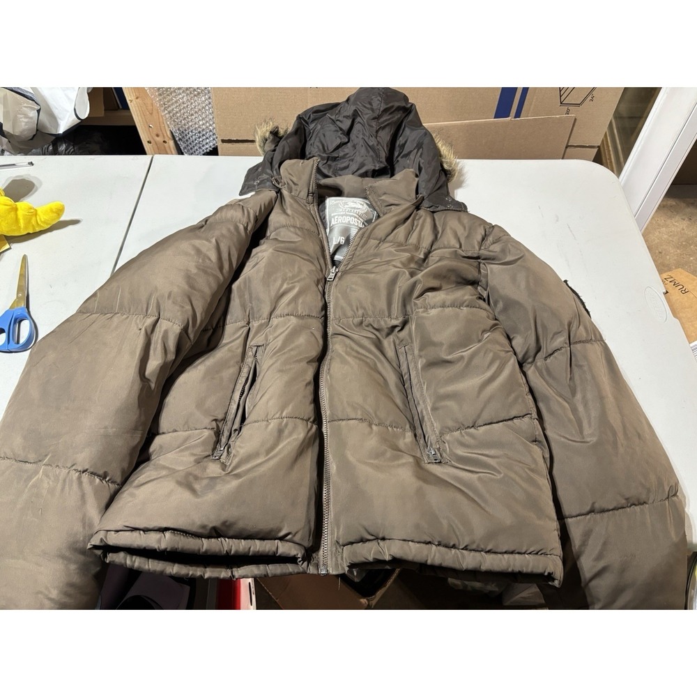 Aeropostale Brown Puffer Jacket Hooded Quilted Zip Front Pockets Mens‎ Lg A 87